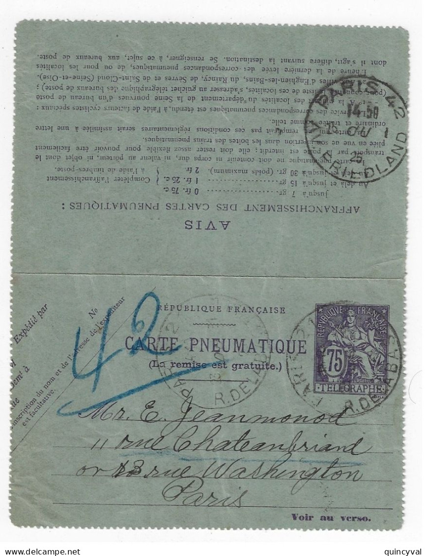 PARIS 21 R. DE LA BASTILLE Carte Lettre Pneumatique 75c Chaplain Yv 2600  Ob Type DU 1925 - Pneumatische Post