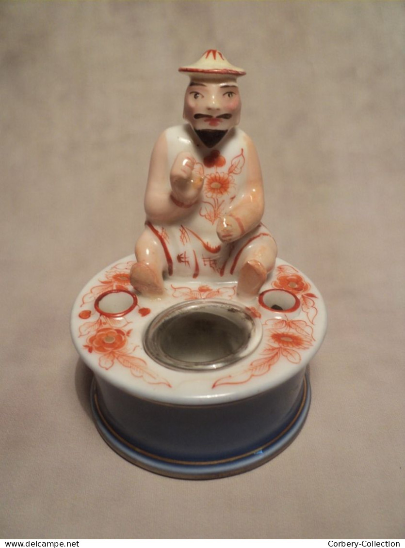 Encrier Porcelaine de Bayeux Décor au Chinois XIXème (Restaurations)