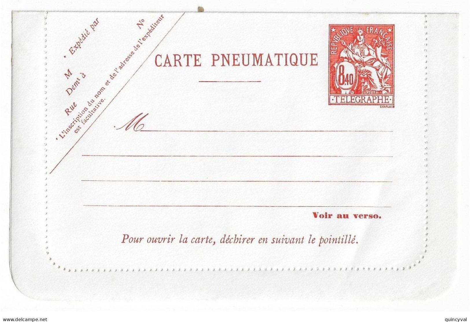 PARIS Carte Lettre Pneumatique CHAPLAIN 8,40 F Tarif 1977 Neuf Yv 2623 CLPP 8,40 F Storch V16 - Rohrpost