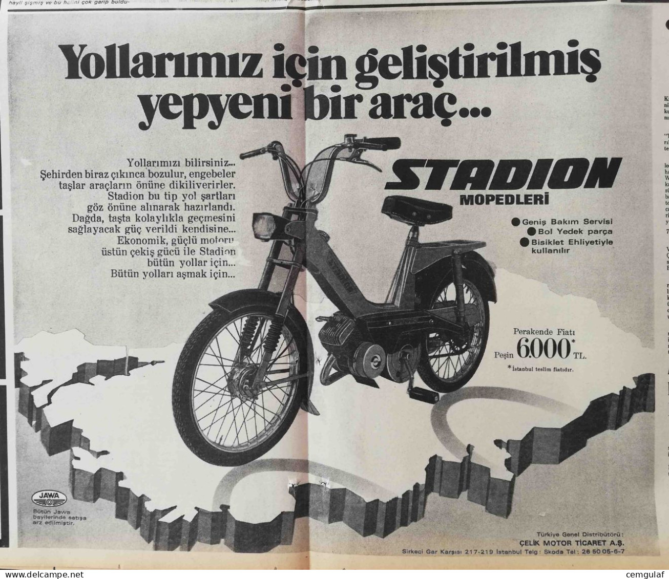 Motorcycle ADVERTISING; Jawa STADION "A New Vehicle For Our Roads Is STADION MOPED." - Moto