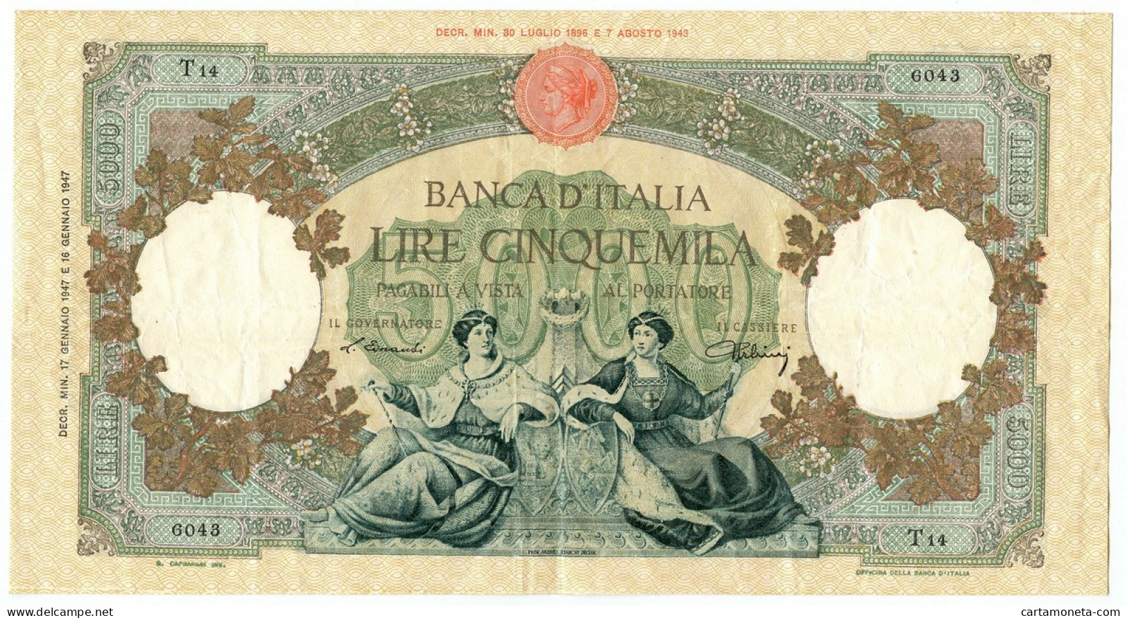 5000 LIRE CAPRANESI REPUBBLICHE MARINARE REGINE MARE TESTINA 17/01/1947 BB+ - Andere & Zonder Classificatie