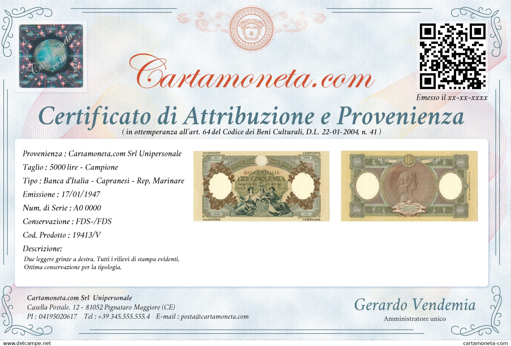 5000 LIRE CAMPIONE CAPRANESI REPUBBLICHE MARINARE 17/01/1947 FDS-/FDS - Altri & Non Classificati