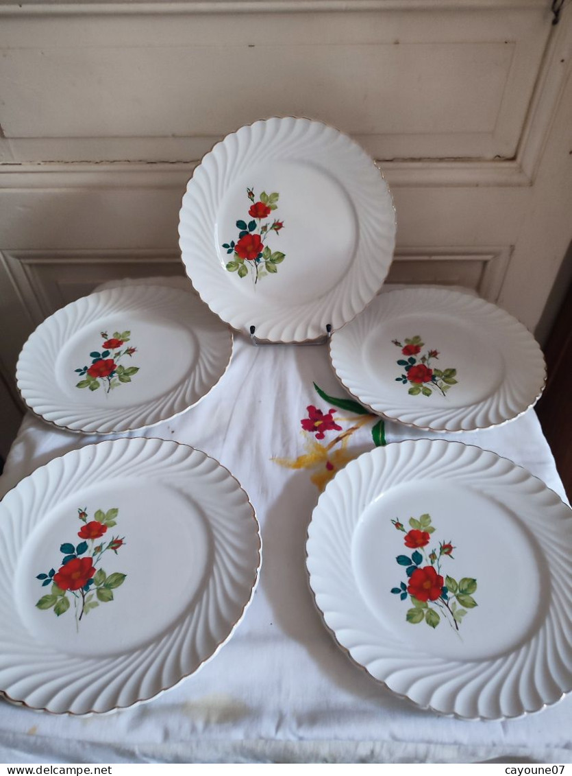 Cinq Assiettes Plates Faïence Keller & Guérin Décor De Fleurs  Modèle Tradition - Lunéville (FRA)