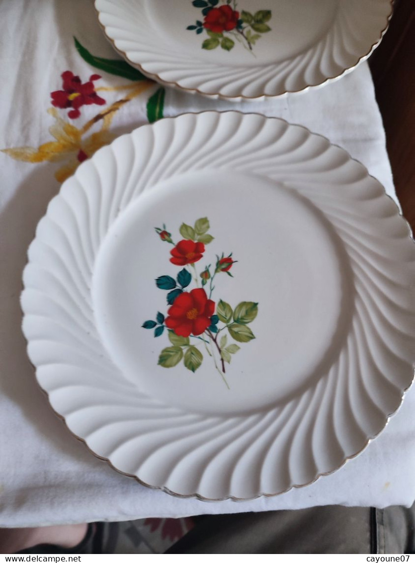 Cinq Assiettes Plates Faïence Keller & Guérin Décor De Fleurs  Modèle Tradition - Lunéville (FRA)