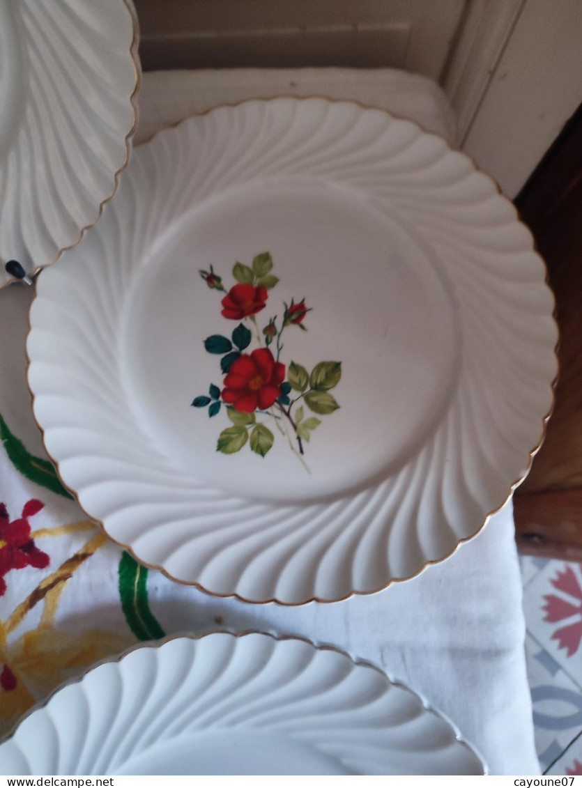 Cinq assiettes plates faïence Keller & Guérin décor de fleurs  modèle tradition