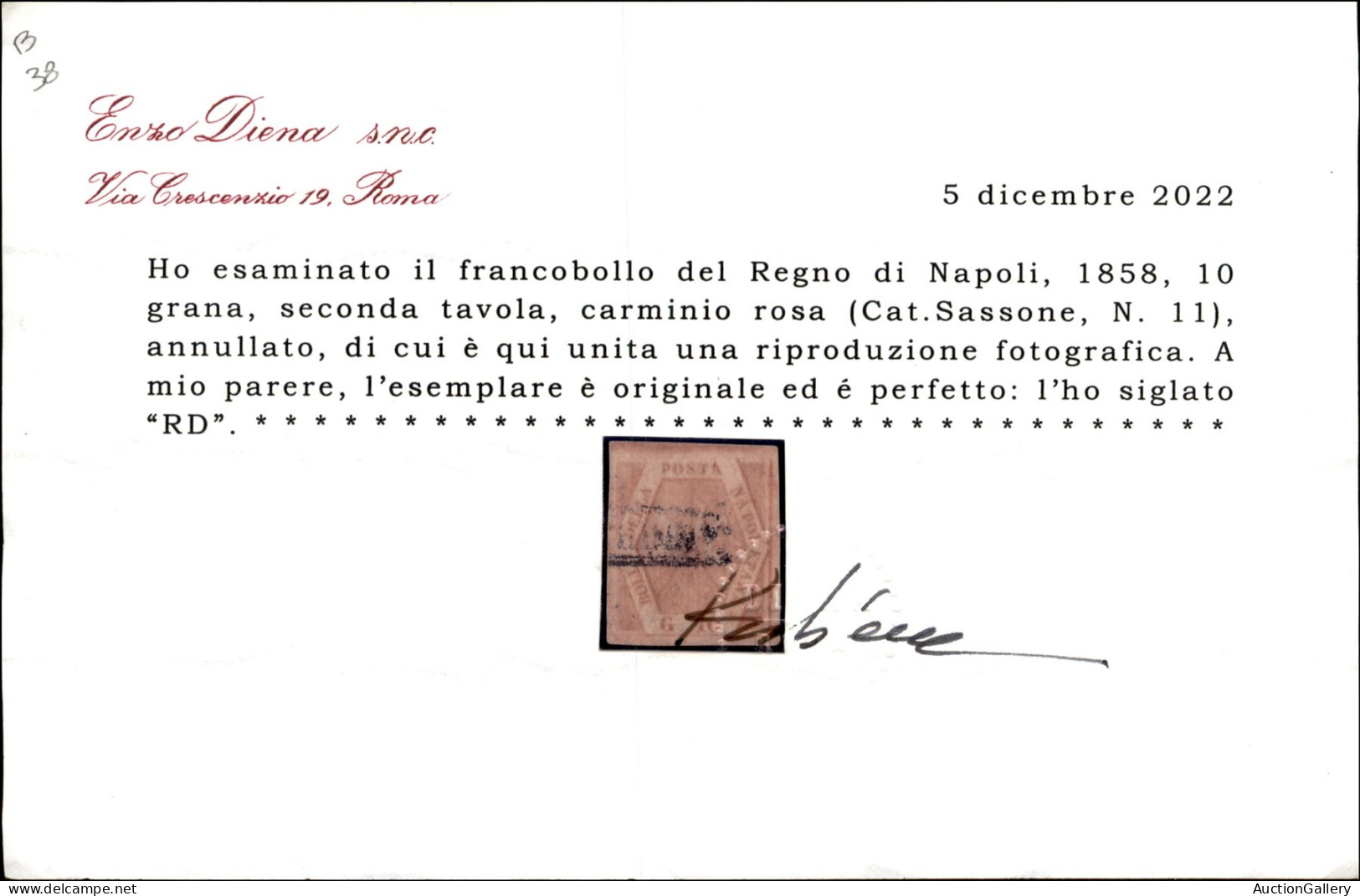 Antichi Stati Italiani - Napoli - 1858 - 10 Grana Carminio Rosa (11) - II Tavola - Usato - Cert. R. Diena - Otros & Sin Clasificación