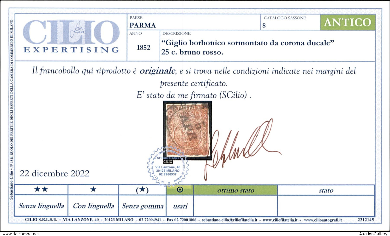 Antichi Stati Italiani - Parma - 1852 - 25 Cent Bruno Rosso (8) - Usato - Cert. Cilio - Altri & Non Classificati