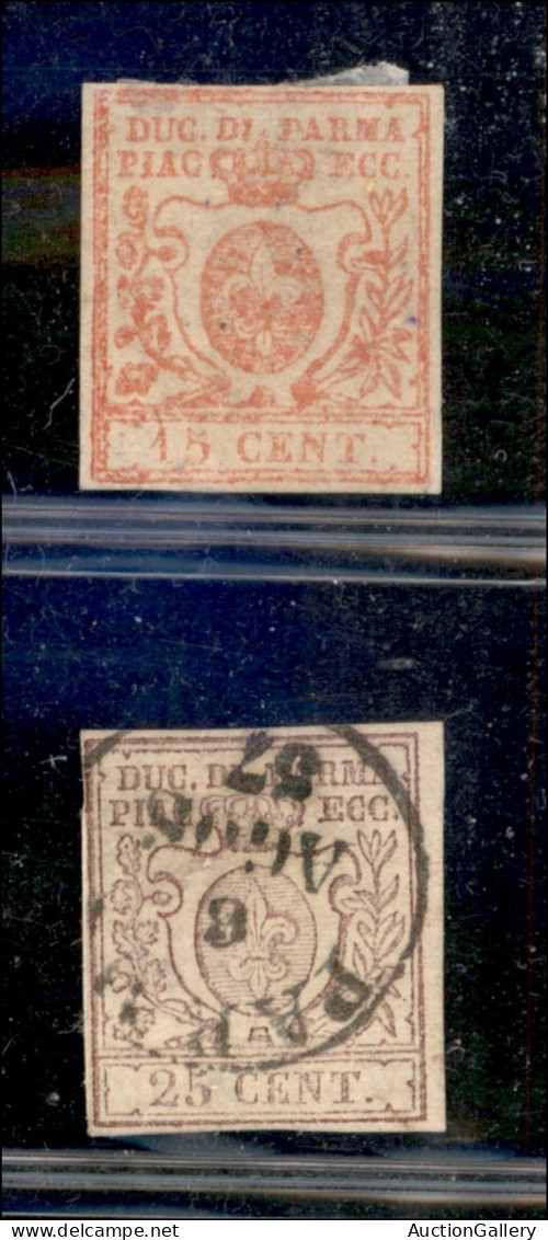 Antichi Stati Italiani - Parma - 1857/1859 - 15 Cent (9) Nuovo Con Gomma Parziale + 25 Cent (10 - Difettoso) Usato - Mar - Sonstige & Ohne Zuordnung