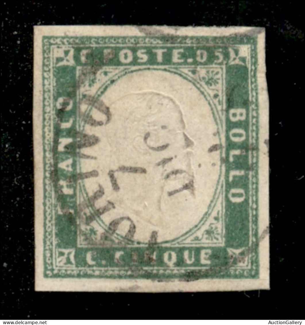 Antichi Stati Italiani - Sardegna - 1855 - 5 Cent (13c - Verde Pisello) Usato A Torino - Diena + Oliva + Cert. AG (4.000 - Otros & Sin Clasificación