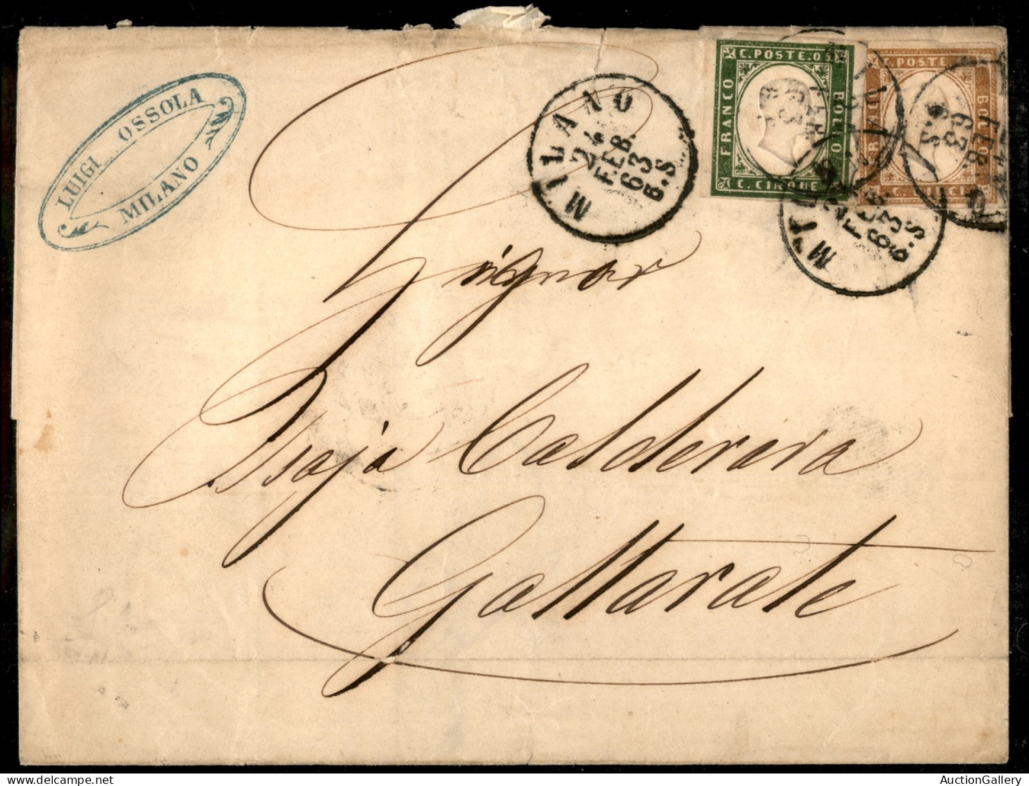 Antichi Stati Italiani - Sardegna - 5 Cent (13Dc) + 10 Cent (14E) - Lettera Da Milano A Gallarate Del 24.2.63 - Otros & Sin Clasificación