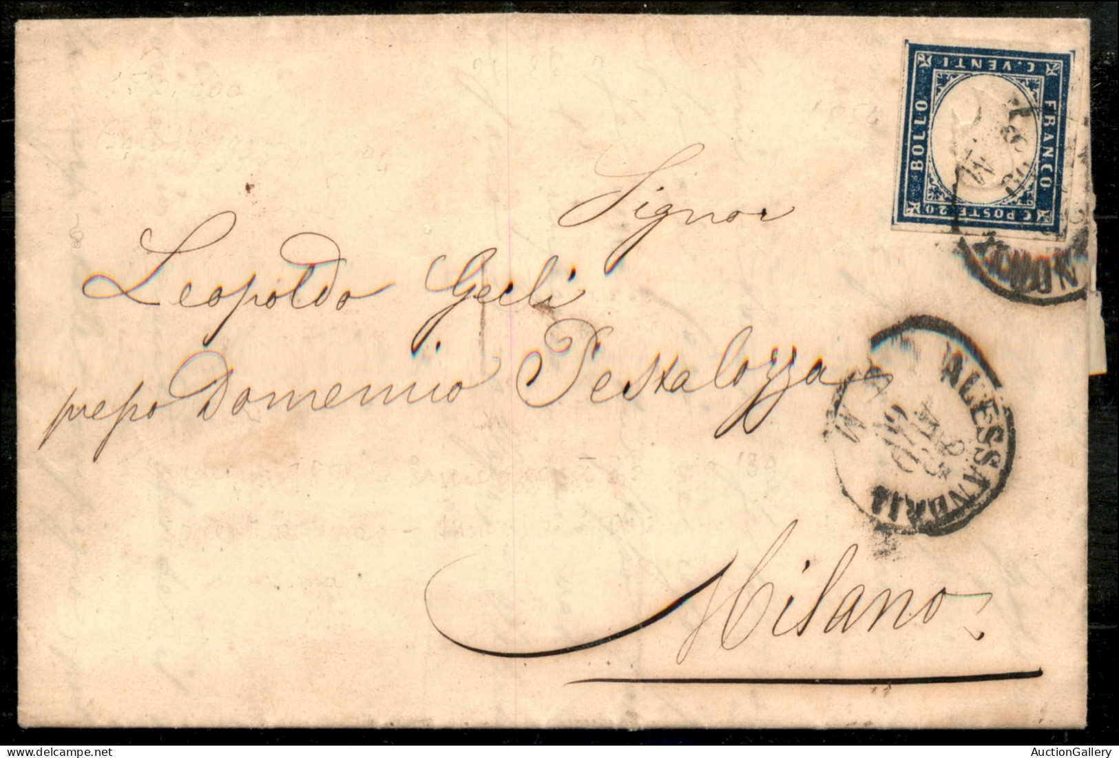 Antichi Stati Italiani - Sardegna - 20 Cent (15C) Su Lettera Da Alessandria A Milano Del 23.8.1860 - Altri & Non Classificati