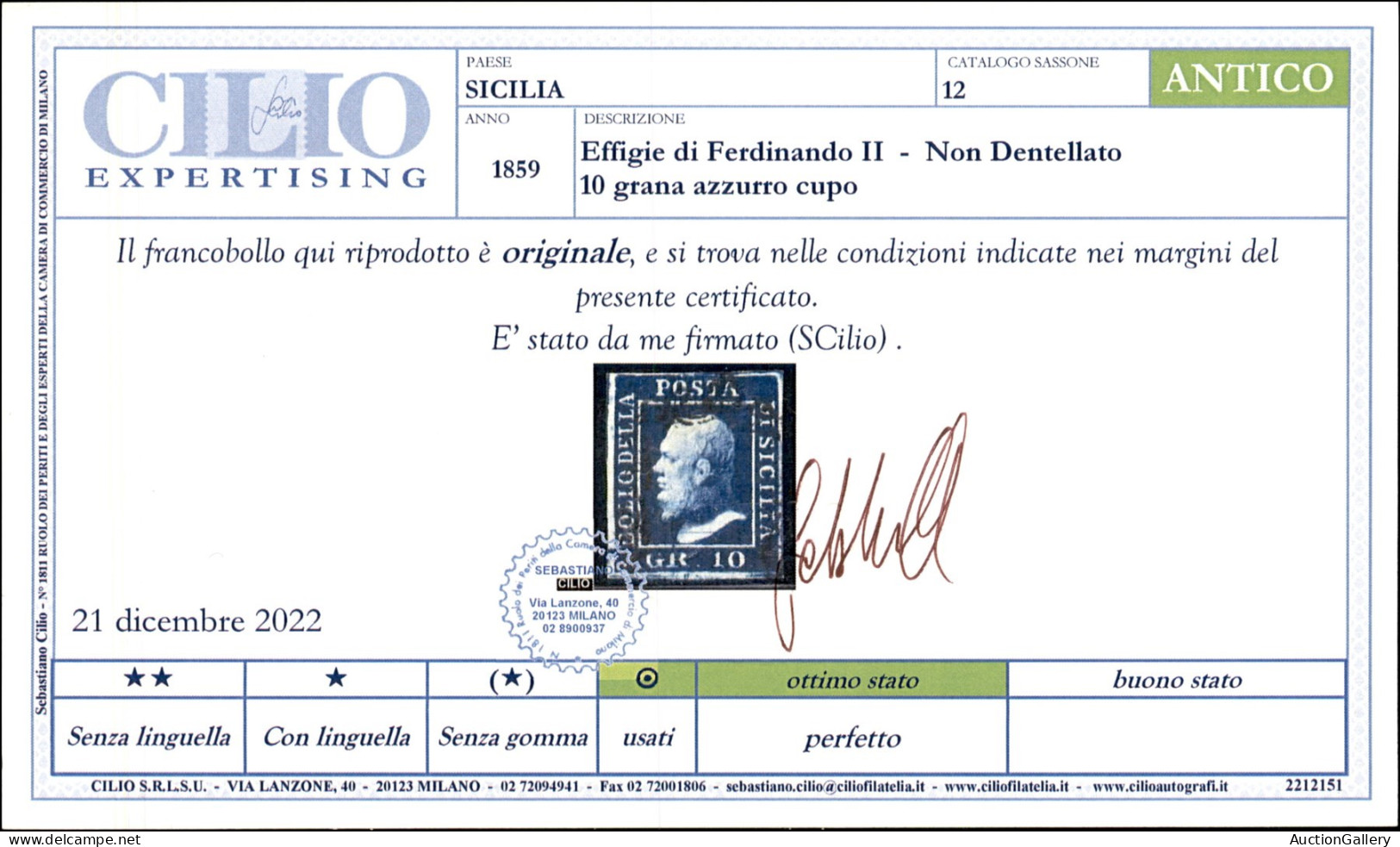 Antichi Stati Italiani - Sicilia - 1859 - 10 Grana Azzurro Cupo (12) - Usato - Cert. Cilio - Other & Unclassified