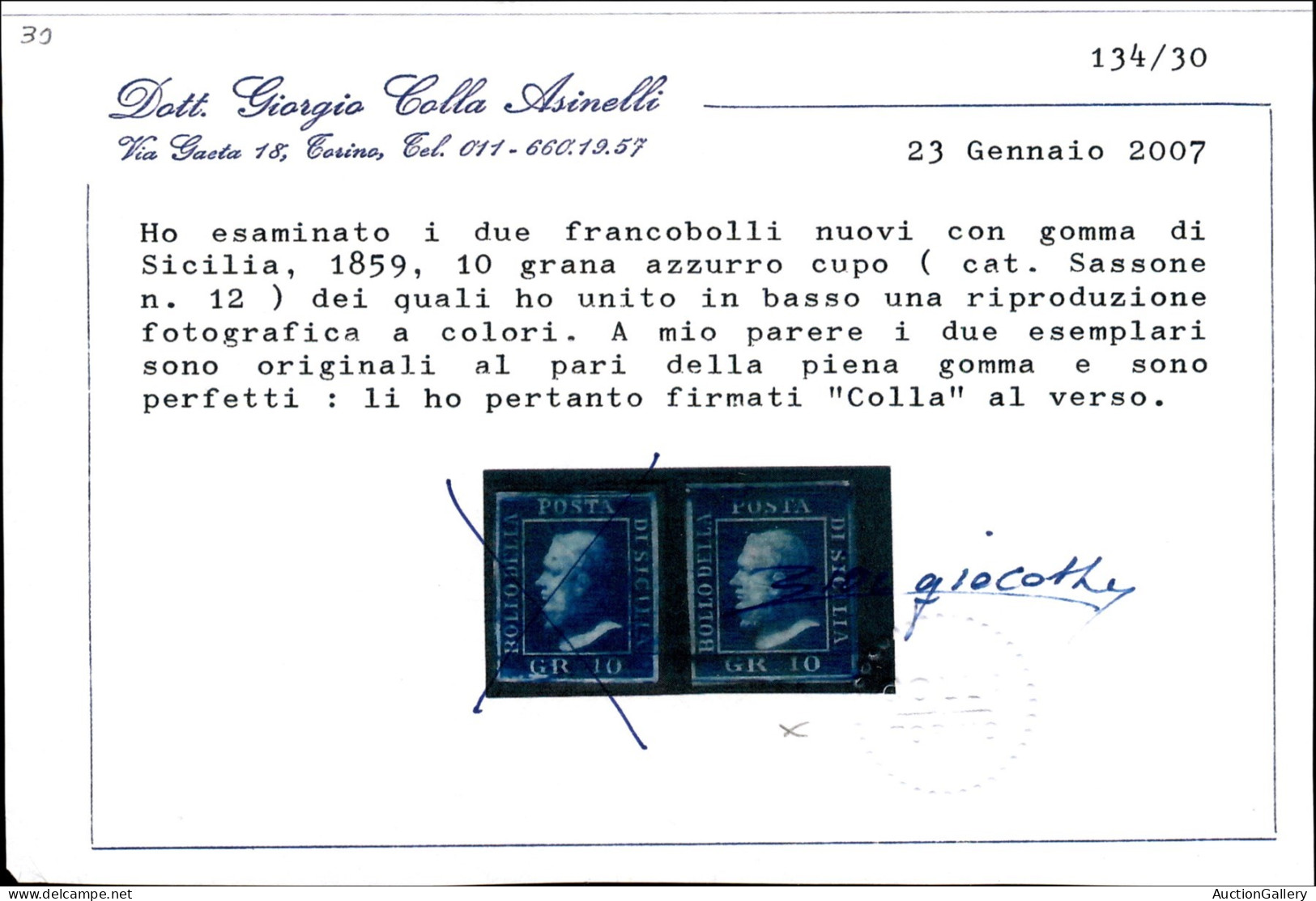 Antichi Stati Italiani - Sicilia - 1859 - 10 Grana (12 - Pos.94) - Gomma Originale - Diena + Cert. Colla (1.800) - Altri & Non Classificati