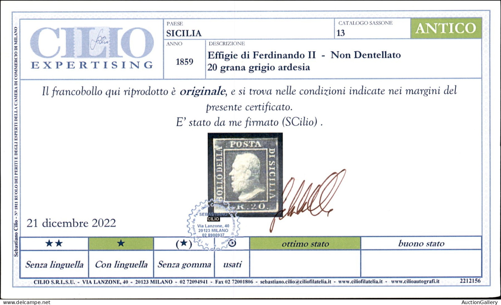 Antichi Stati Italiani - Sicilia - 1859 - 20 Grana (13) Nuovo Con Gomma Originale - Em. Diena + Bottacchi + Cert. Cilio - Other & Unclassified