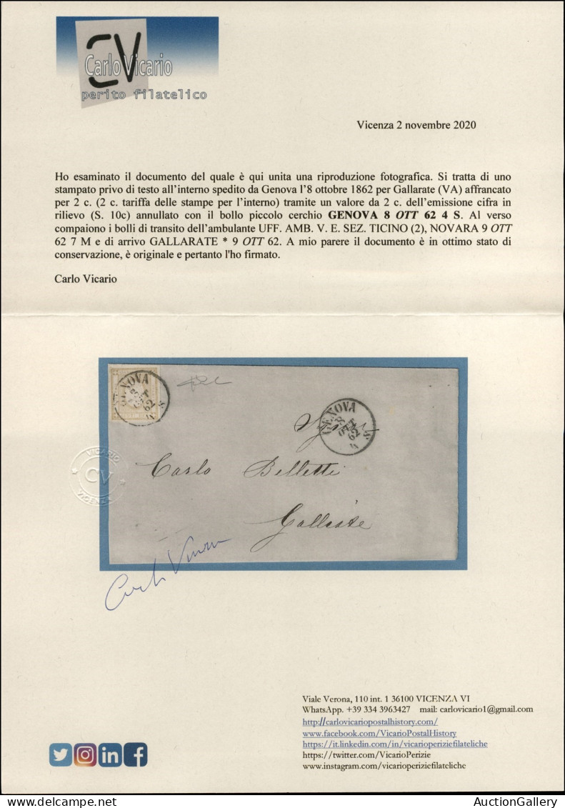 Regno - Vittorio Emanuele II - 2 Cet (10c - Giallo) - Involucro Di Lettera Da Genova A Gallarate Del 8.10.62 - Cert. Vic - Otros & Sin Clasificación