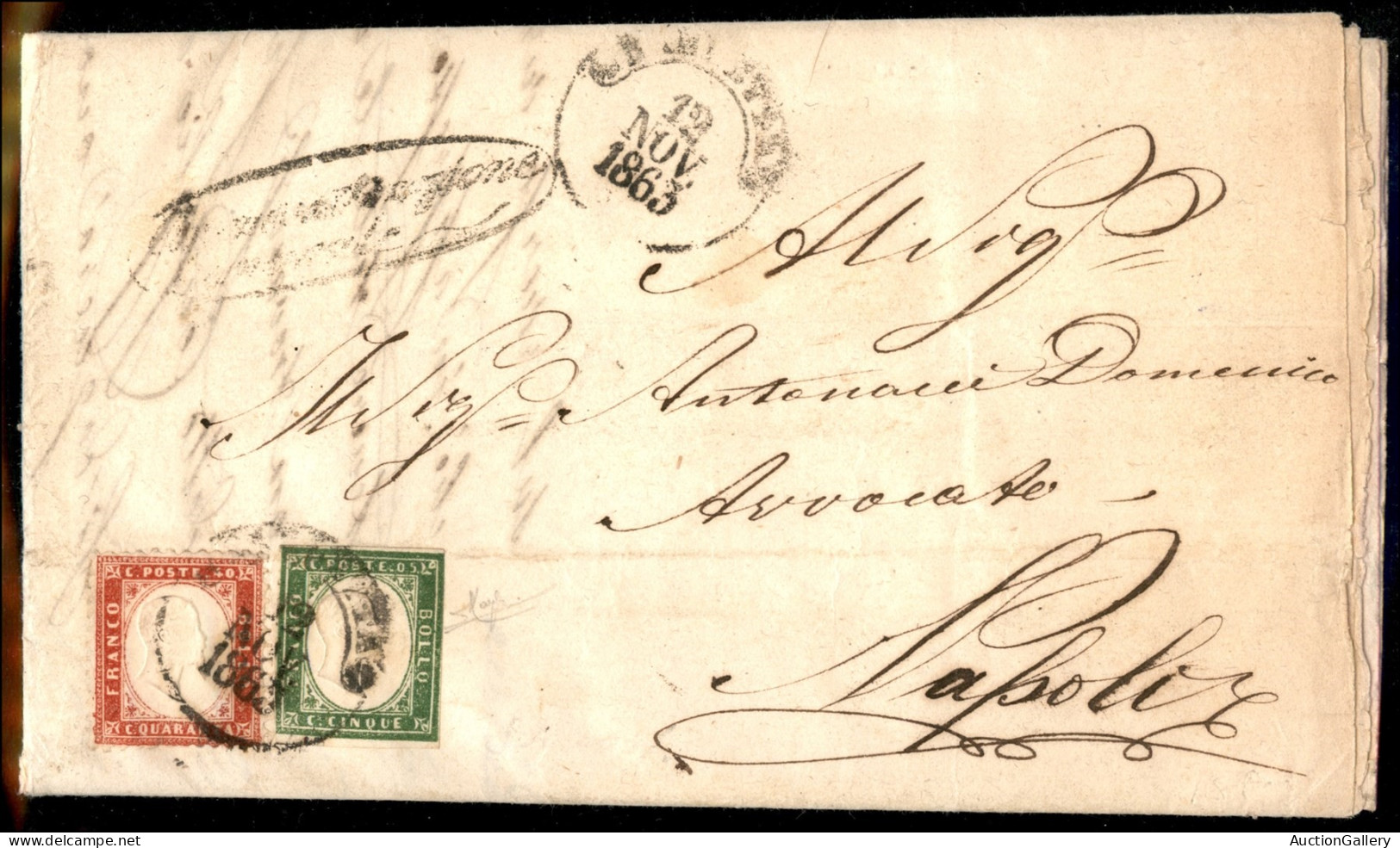 Regno - Vittorio Emanuele II - 40 Cent (3) In Uso Misto Con 5 Cent (13Ea - Sardegna) Su Piego Da Barletta A Napoli Del 1 - Otros & Sin Clasificación