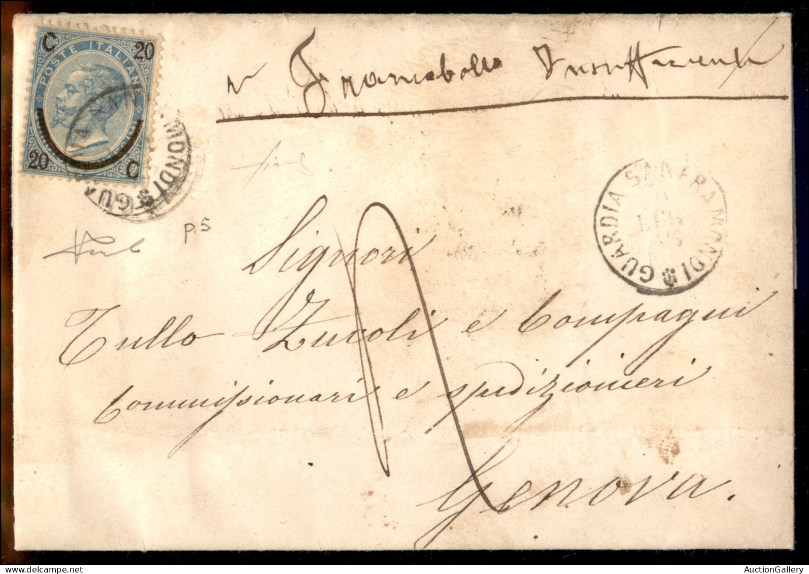 Regno - Vittorio Emanuele II - Guardia Sanframonfi (P.ti 5) - 20 Cent Su 15 (23 - Regno) - Lettera Per Genova Del 19.7.6 - Altri & Non Classificati