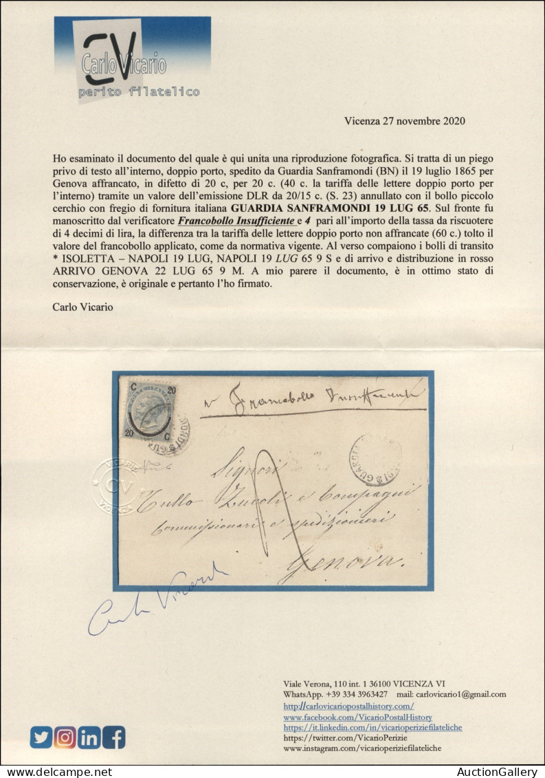 Regno - Vittorio Emanuele II - Guardia Sanframonfi (P.ti 5) - 20 Cent Su 15 (23 - Regno) - Lettera Per Genova Del 19.7.6 - Sonstige & Ohne Zuordnung