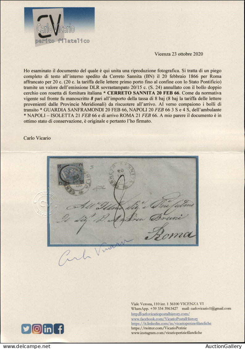 Regno - Vittorio Emanuele II - Cerreto Sannita (P.ti 5) - 20 Cent Su 15 (24 - Regno) Su Lettera Per Roma Del 20.2.66 Tas - Autres & Non Classés