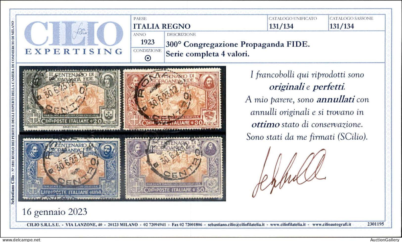 Regno - Vittorio Emanuele III - 1923 - Propaganda Fide (131/134) - Serie Completa - 4 Valori Usati - Cert. Cilio - Autres & Non Classés