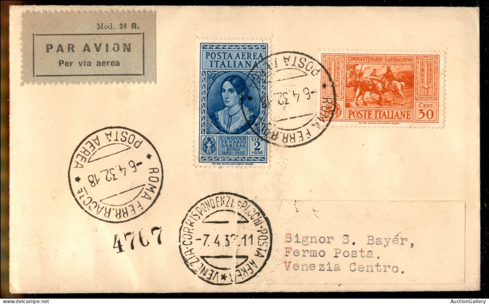 Regno - Vittorio Emanuele III - Garibaldi (318 + 35 Aerea) - 2 Valori Su Aerogramma FDC (6 Aprile 1932) Da Roma A Venezi - Andere & Zonder Classificatie