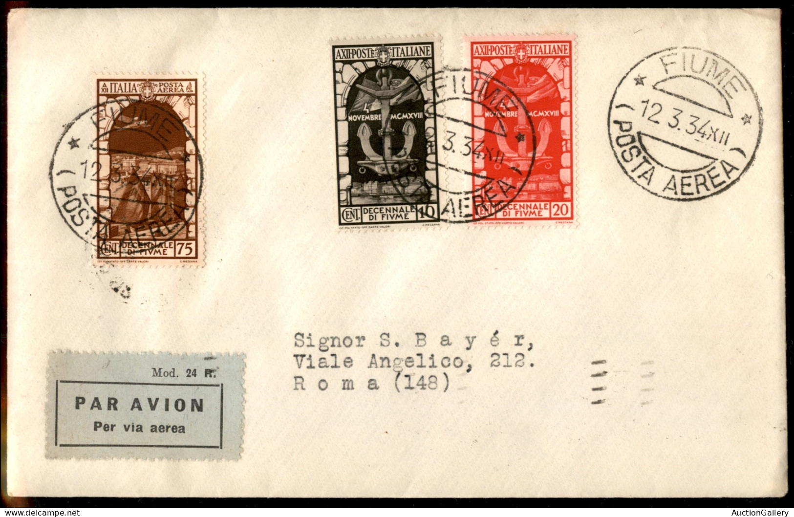 Regno - Vittorio Emanuele III - Fiume (350 + 351 + 62 Aerea) - 3 Valori Su Aerogramma FDC (12 Marzo 1934) Da Fiume A Rom - Andere & Zonder Classificatie