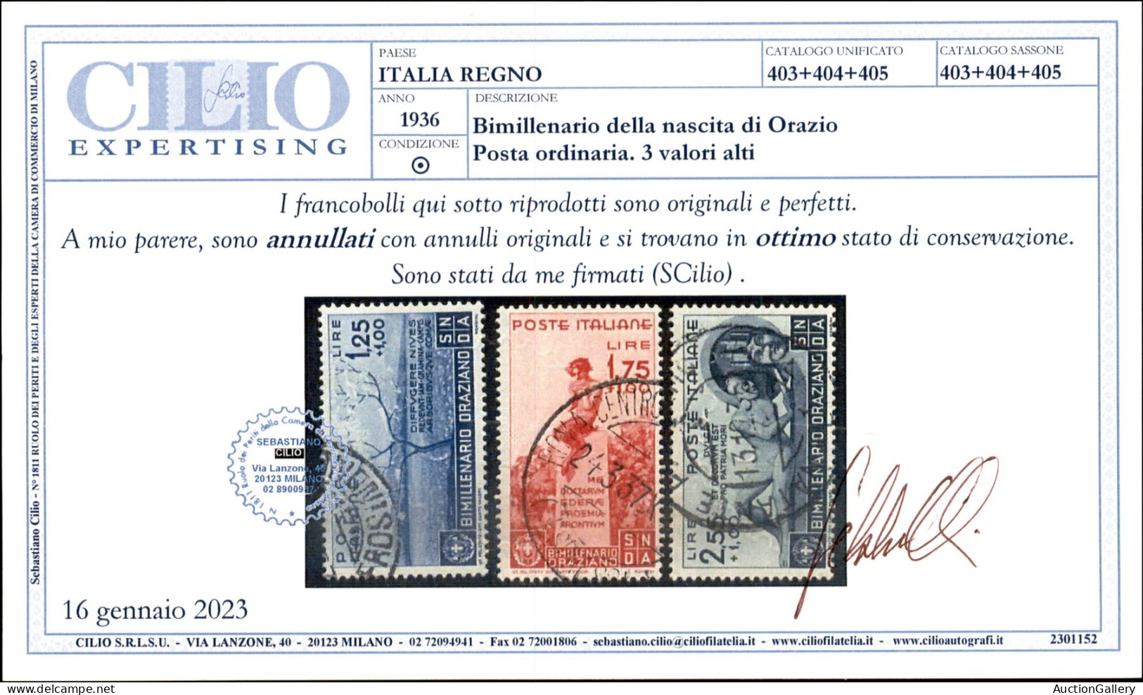 Regno - Vittorio Emanuele III - 1936 - Orazio - 1,25 Lire (403) + 1,75 Lire (404) + 2,55 Lire (405) - 3 Valori Usati - C - Otros & Sin Clasificación