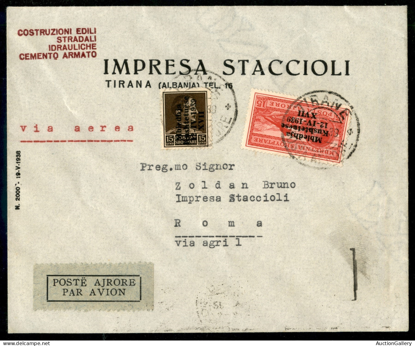 Occupazioni II Guerra Mondiale - Albania - 15 Qind (5) + 15 Qind (2 - Aerea) - Aerogramma Da Tirana A Roma Del 27.5.39 - Andere & Zonder Classificatie