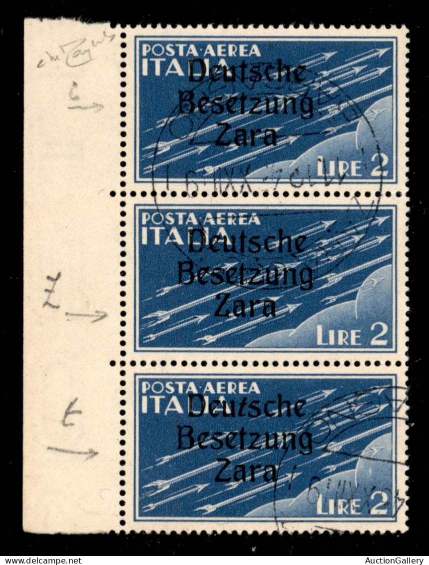 Occupazioni II Guerra Mondiale - Occupazione Tedesca - Zara - 1943 - 2 Lire (6) - Striscia Bordo Foglio Di 3 - Posizioni - Andere & Zonder Classificatie