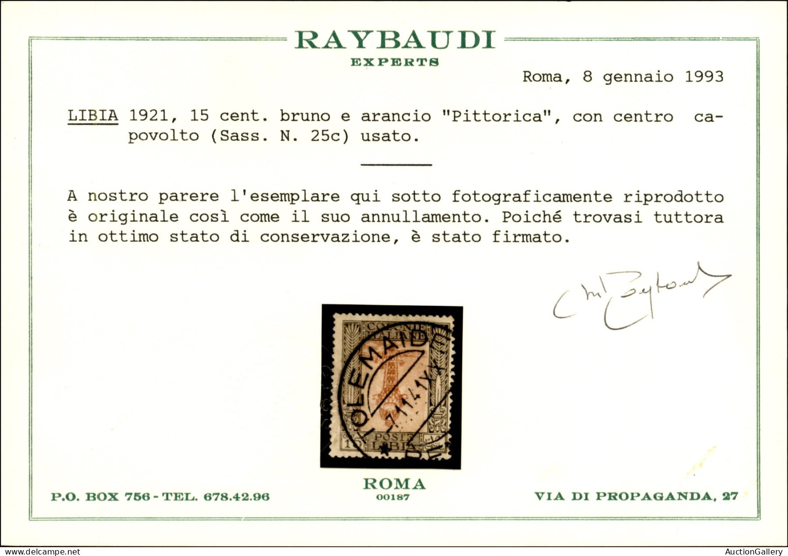 Colonie - Libia - 1921 - 15 Cent Pittorica (25c) Centro Capovolto Usato A Tolemaide (7.11.41) - Raro Insieme - Cert. Ray - Autres & Non Classés