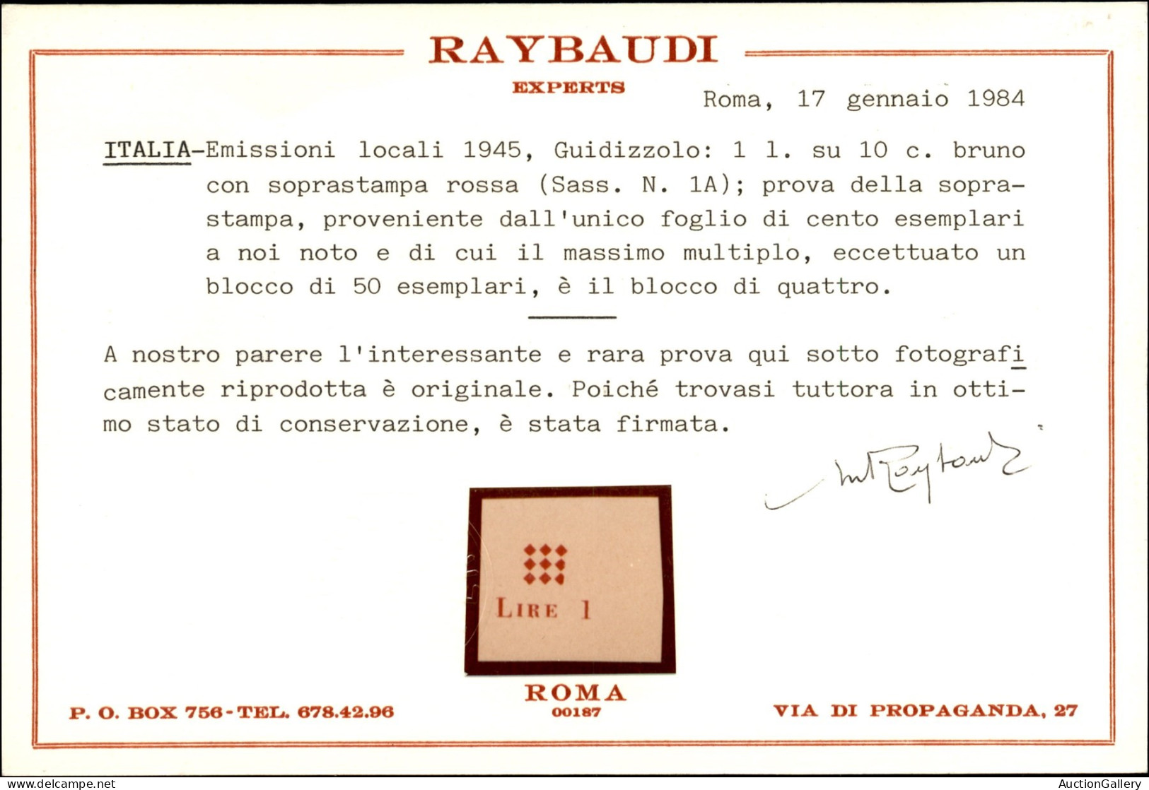 Emissioni Locali - Guidizzolo - 1945 - Prova Di Macchina Della Soprastampa In Rosso (1B) - Sempre Senza Gomma - Cert. Ra - Sonstige & Ohne Zuordnung