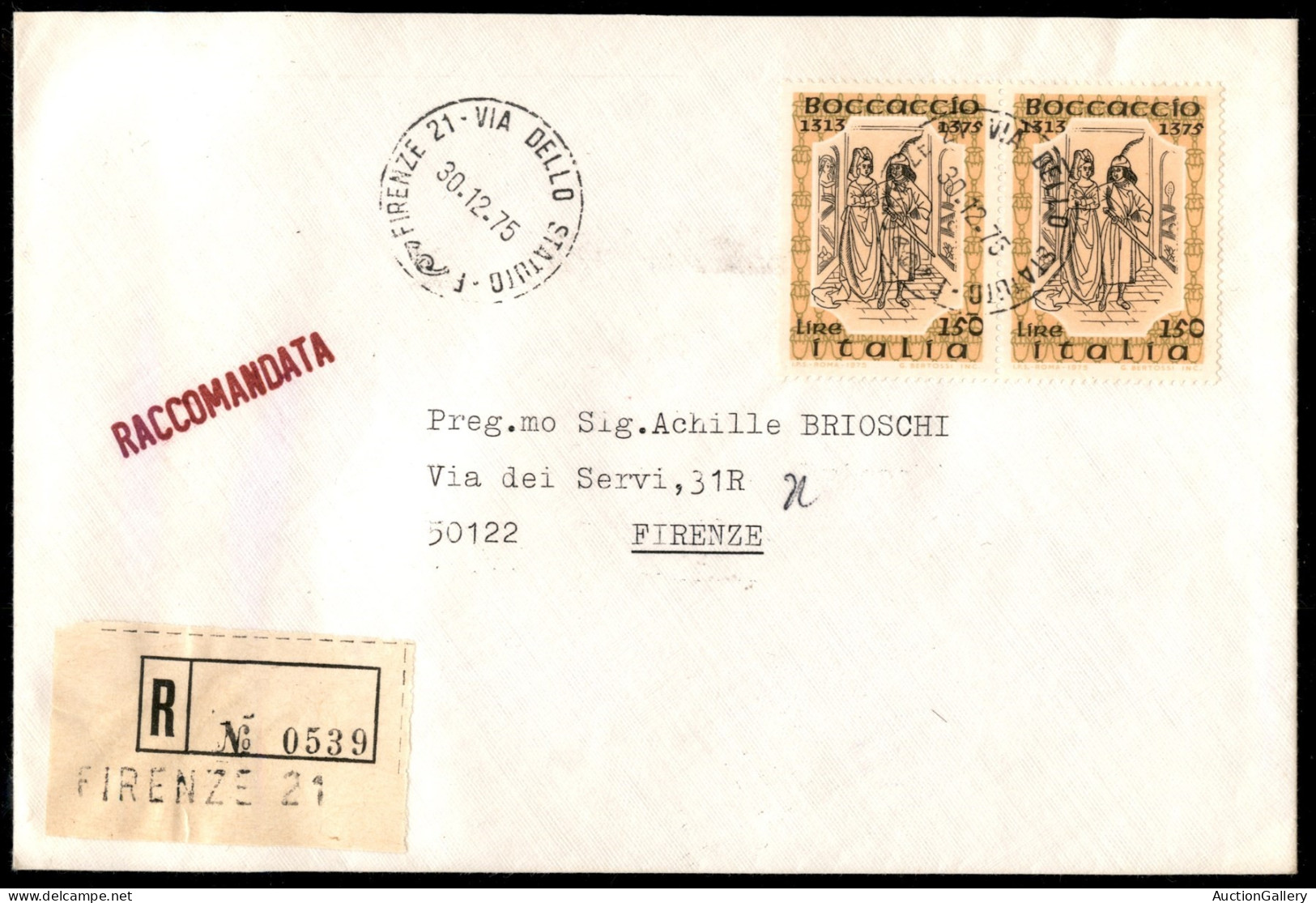 Repubblica - Posta Ordinaria - 150 Lire Boccaccio (1326) - Coppia Su Raccomandata Per Città Del 30.12.75 - Non Comune Us - Other & Unclassified