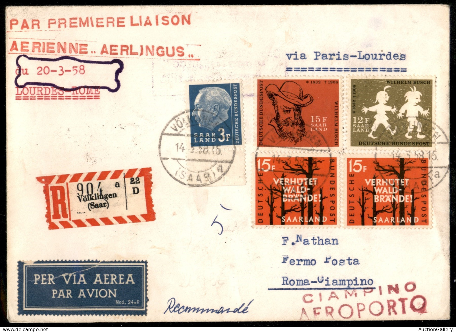 Repubblica - Aerogrammi - 1958 (20 Marzo) - Lourdes Roma (Pellegrini 803) - Aerogramma Raccomandato Dalla Saar - 10 Vola - Sonstige & Ohne Zuordnung