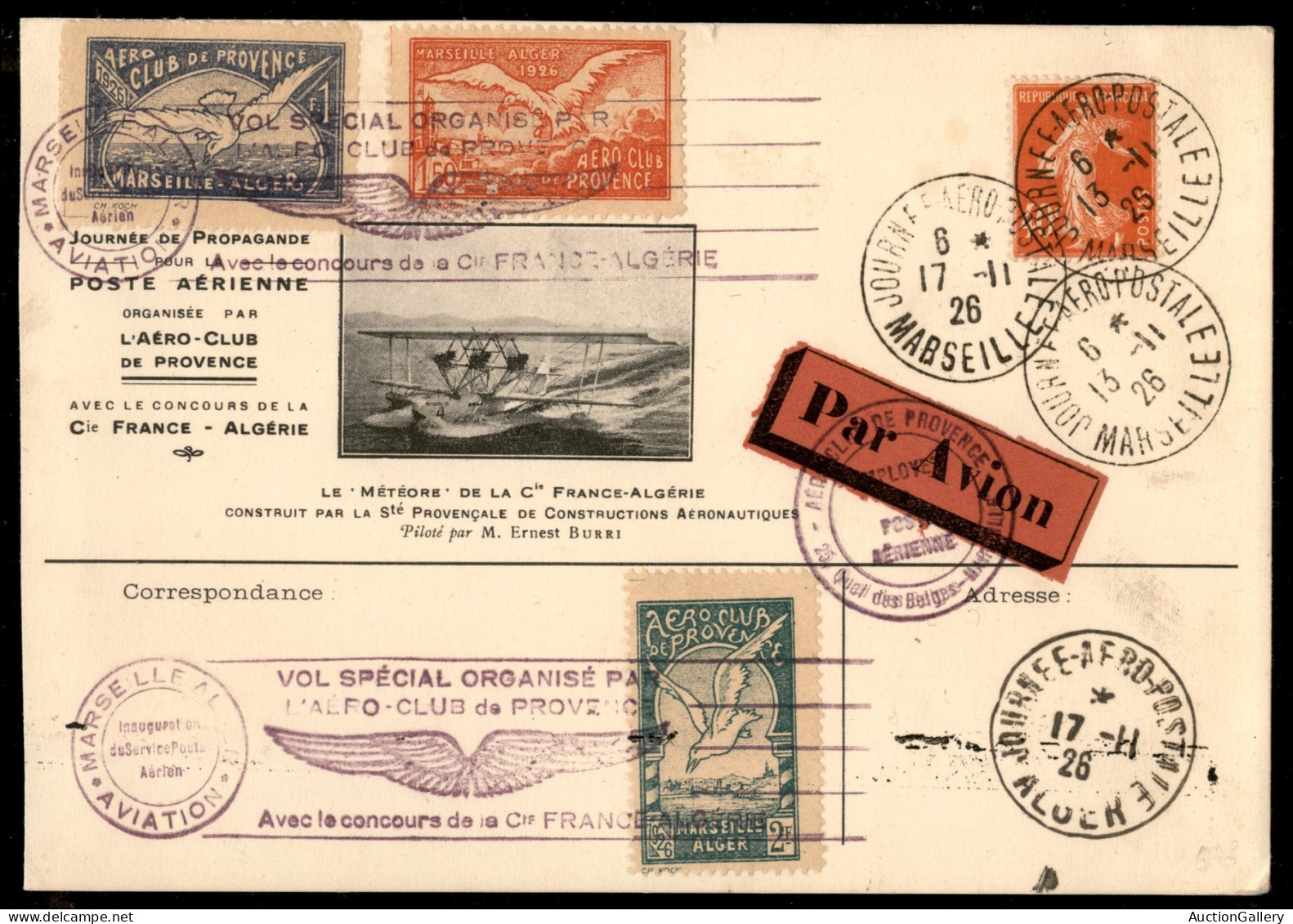 Europa - Francia - 1926 (13 Novembre) - Marsiglia Algeri - Aerogramma Ufficiale Del Volo - Other & Unclassified