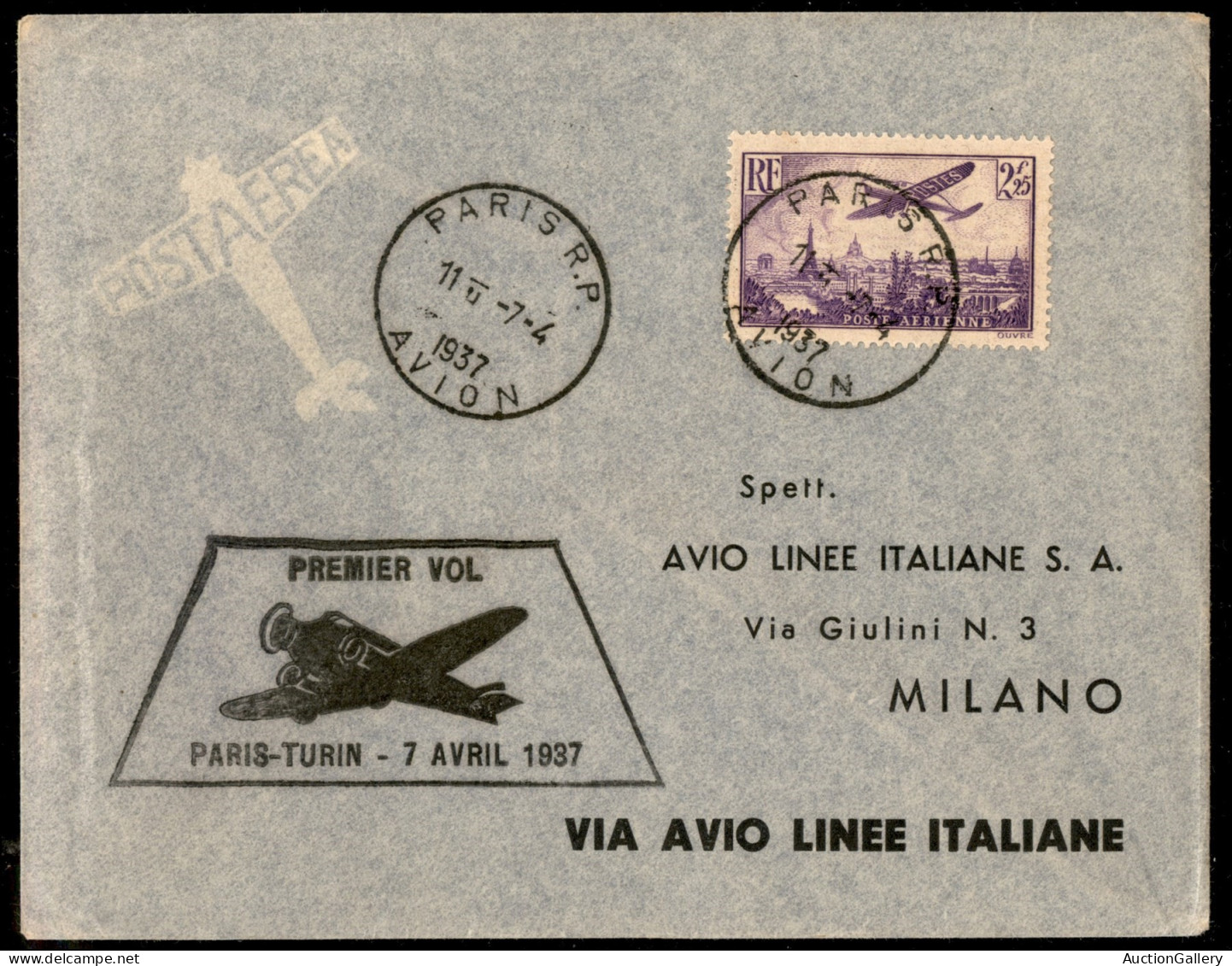 Europa - Francia - 1937 (7 Aprile) - Parigi Torino - Aerogramma Per Milano - Timbro Speciale In Nero (non Catalogato) - Otros & Sin Clasificación