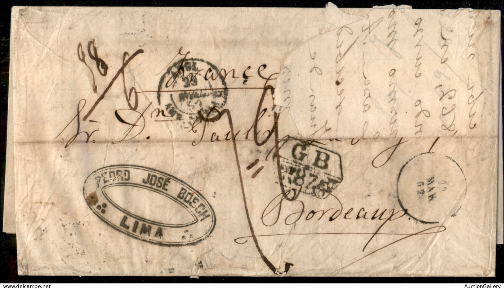 Oltremare - Peru' - Lima 29.3.1862 - Lettera Per Bordeaux - Tassata - Affrancatura Asportata - Sonstige & Ohne Zuordnung