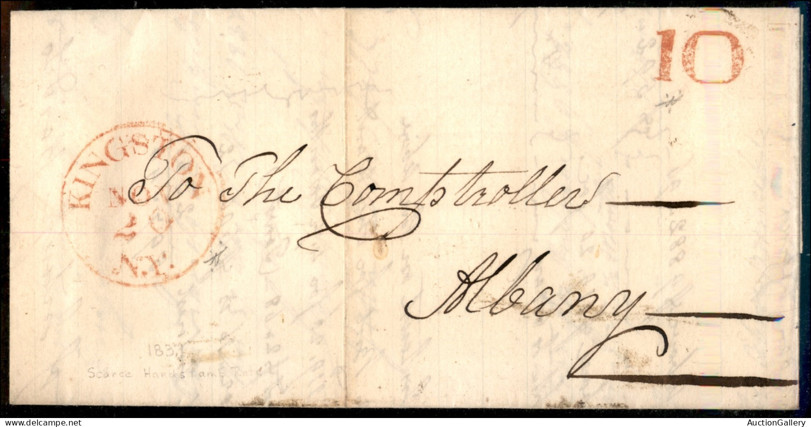 Oltremare - Stati Uniti D'America - Kingston N.Y. + 10 (in Rosso) - Letterina Per Albany Del 20.11.1837 - V. Alfani - Altri & Non Classificati