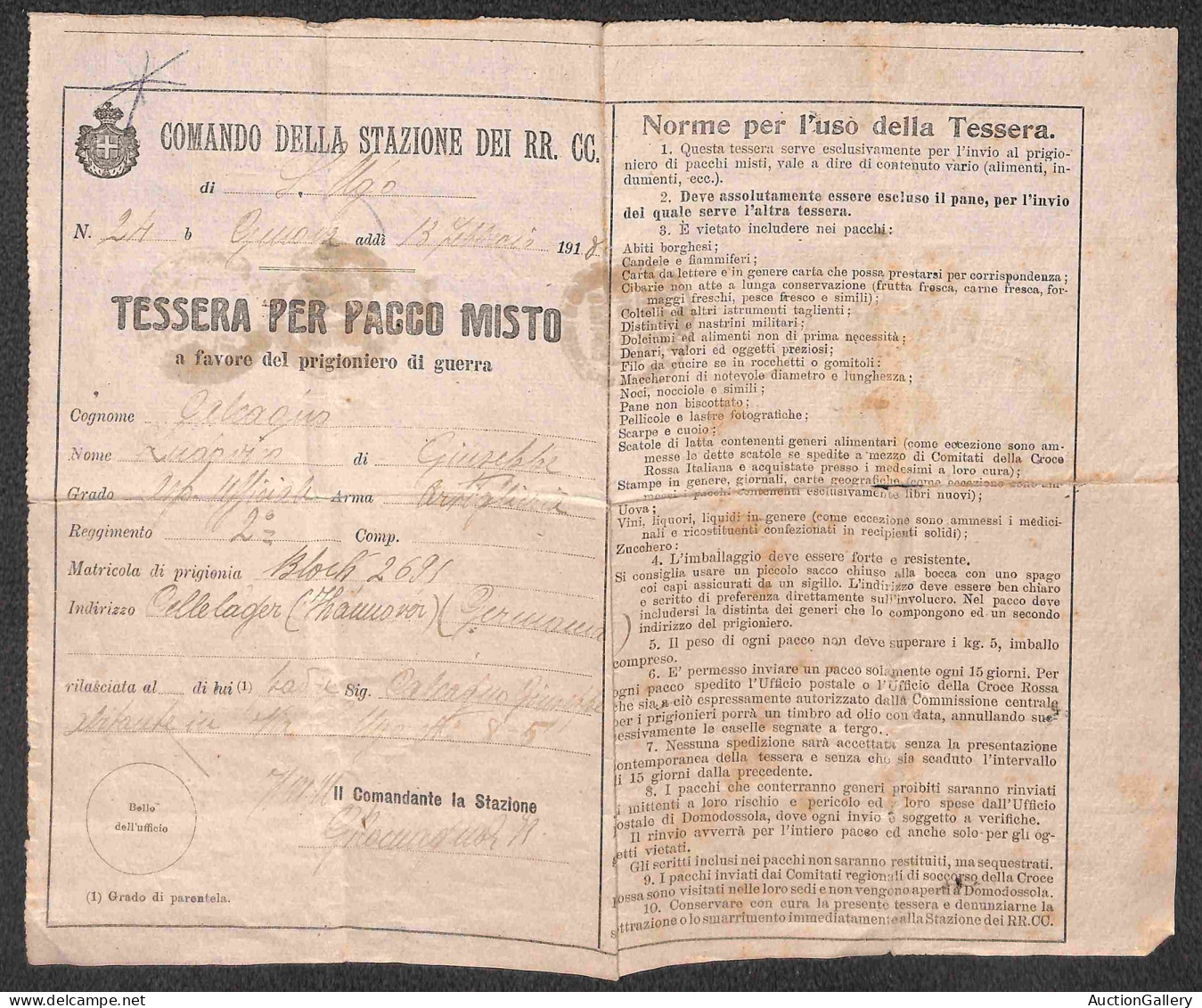 Prefilateliche E Documenti - Italia - 1918 (13 Febbraio) - Genova - Tessera Per Pacco Misto - Other & Unclassified