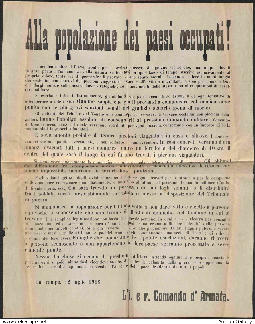 Prefilateliche E Documenti - Italia - 1918 (12 Luglio) - Alla Popolazione Dei Paesi Occupati - Comando D'Armata/Dal Camp - Other & Unclassified