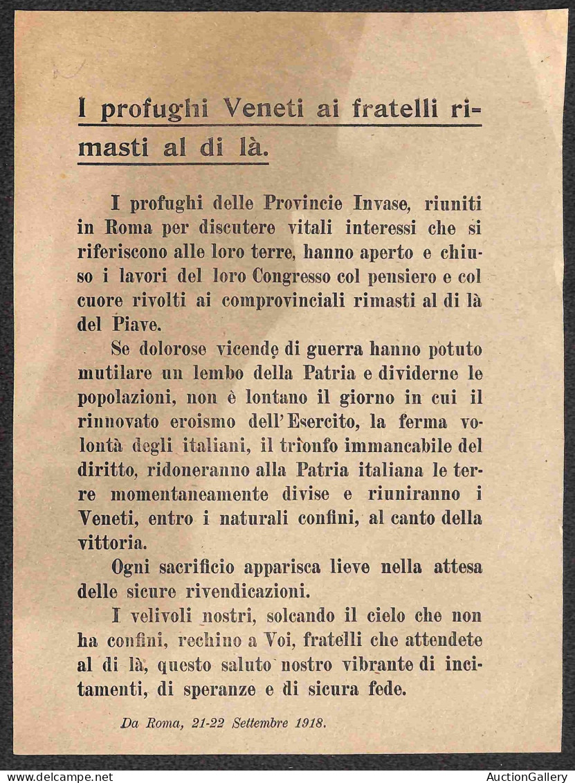 Prefilateliche E Documenti - Italia - 1918 (21/22 Settembre) - I Profughi Veneti... - Volantino Da Roma - Andere & Zonder Classificatie