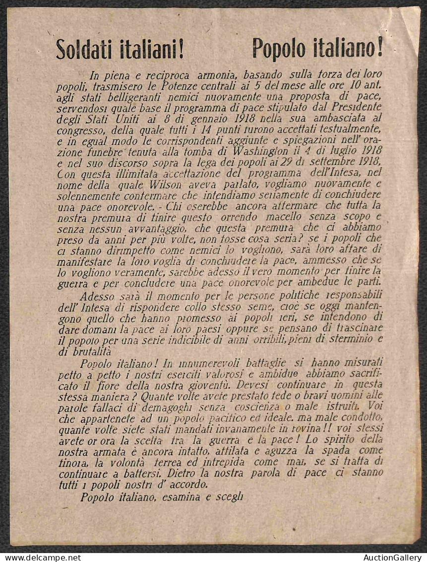 Prefilateliche E Documenti - Italia - 1918 (6 Ottobre) - Soldati Italiani! Popolo Italiano - Volantino - Andere & Zonder Classificatie