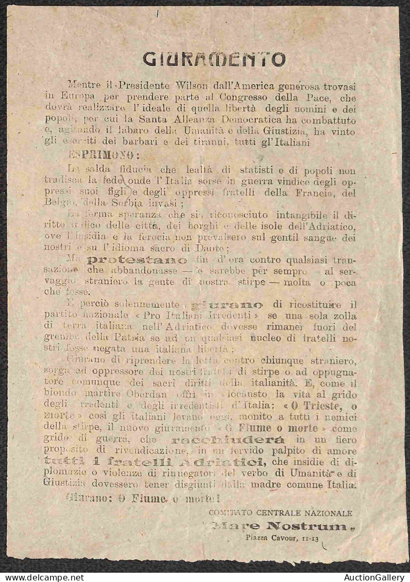 Prefilateliche E Documenti - Italia - 1919 - O Fiume O Morte - Volantino Dal Comitato Mere Nostrum - Other & Unclassified