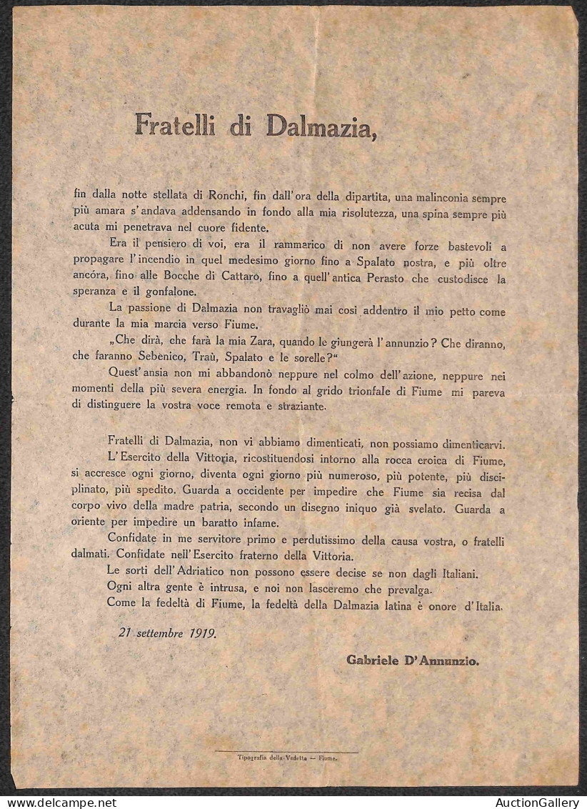 Prefilateliche E Documenti - Italia - 1919 (21 Settembre) - Fratelli Di Dalmazia - Volantino Di Gabriele D'Annunzio Da F - Autres & Non Classés