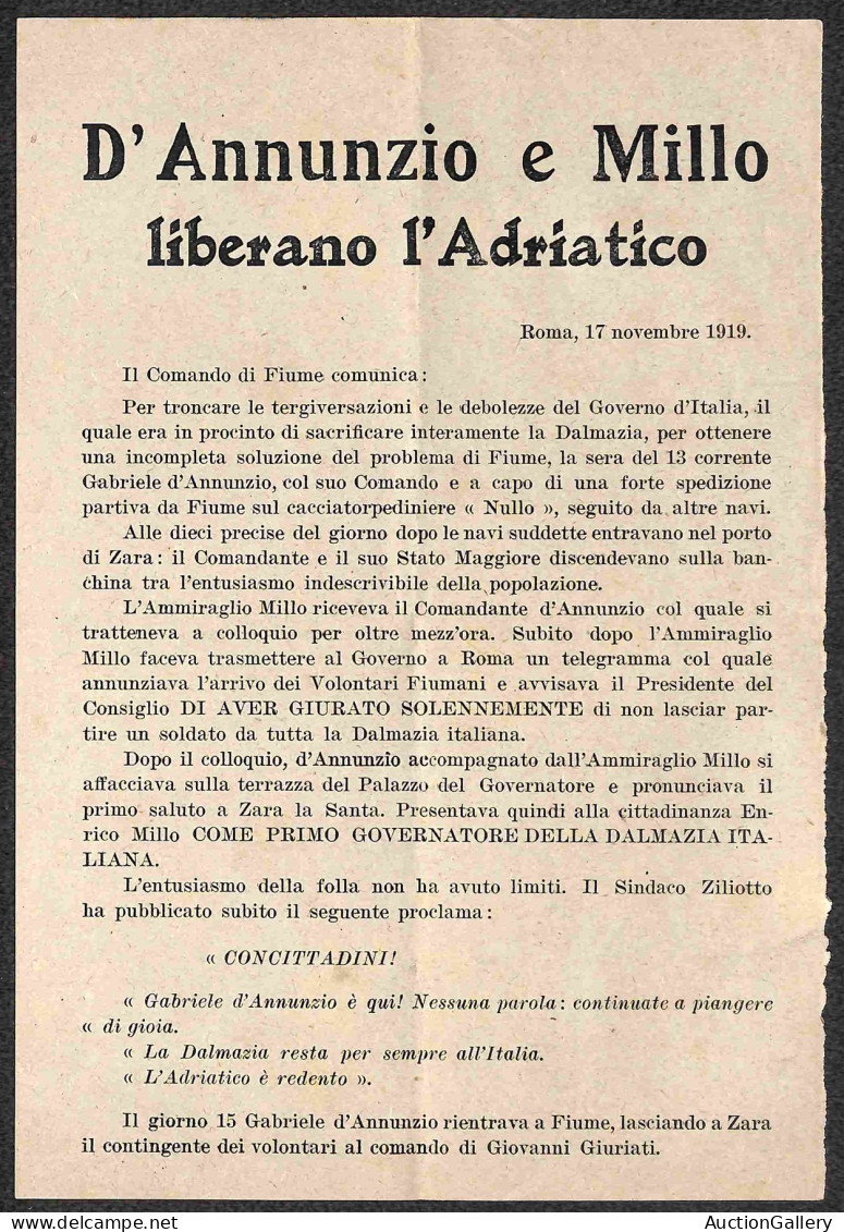 Prefilateliche E Documenti - Italia - 1919 (17 Novembre) - D'Annunzio E Millo Liberano L'Adriatico - Volantino Da Roma - Otros & Sin Clasificación