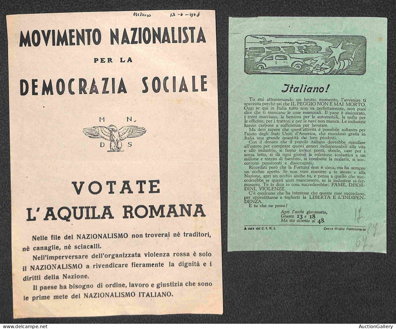 Lotti e Collezioni - Area Italiana  - REPUBBLICA - 1948 - Elezioni Nazionali - lotto di 8 volantini di propaganda eletto