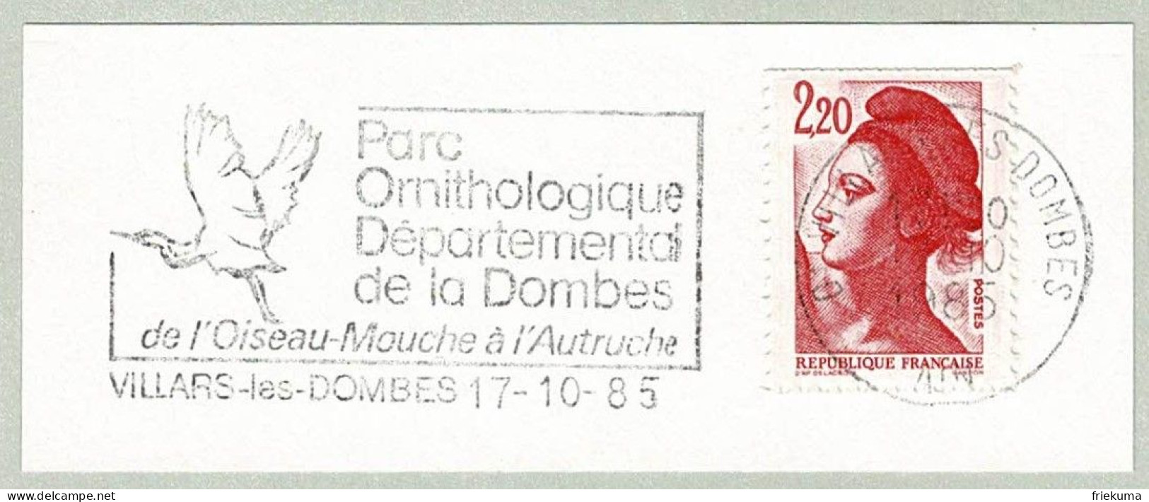 Frankreich / France 1985, Flaggenstempel Villars-les-Dombes, Parc Ornithologique, Strauss / Autruche / Struthio - Ostriches
