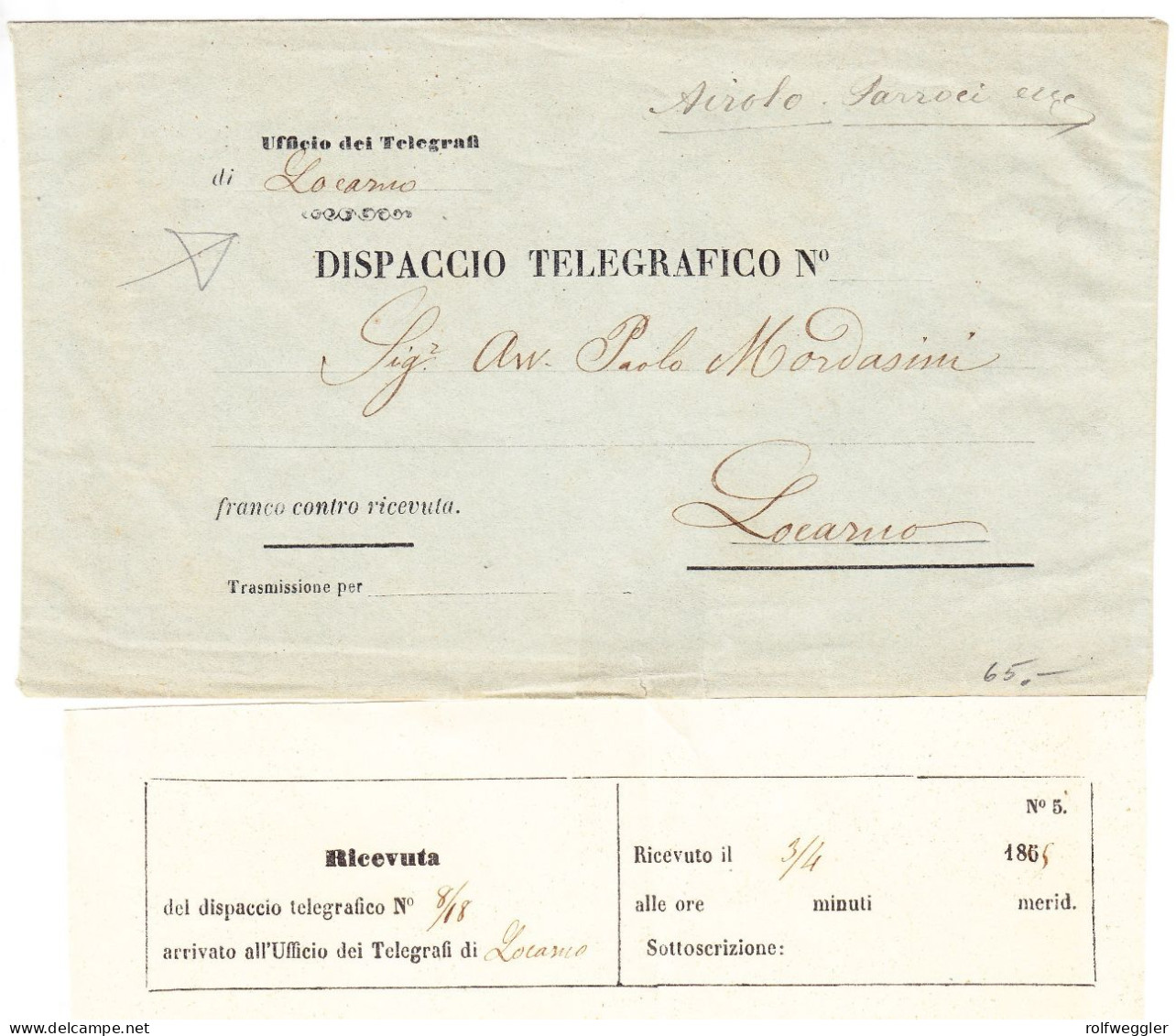 1865 Telegraphen Brief Aus Locarno Mit Empfangszettel. Ricevuta. Und 1938 Empfangsschein Telegraphenamt Lugano - Telegrafo