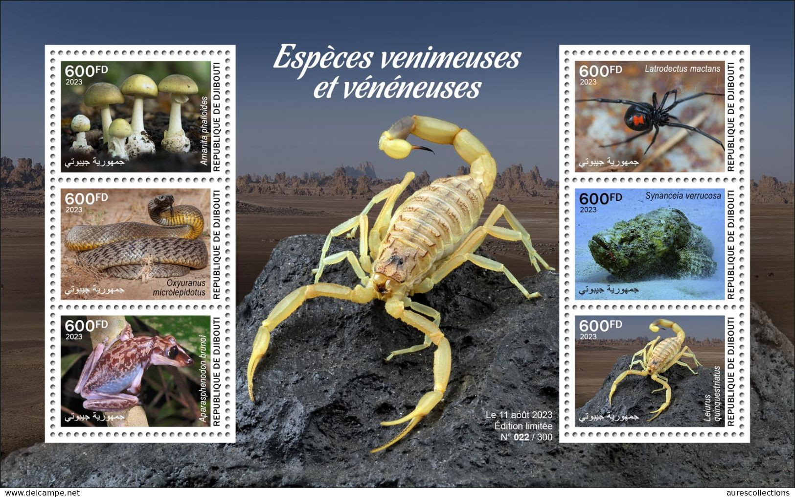 DJIBOUTI 2023 M/S 6V POISONOUS TOXIC SPECIES VENOMOUS FROG FROGS MUSHROOM MUSHROOMS SNAKES SCORPIONS SPIDERS FISH - MNH - Serpents
