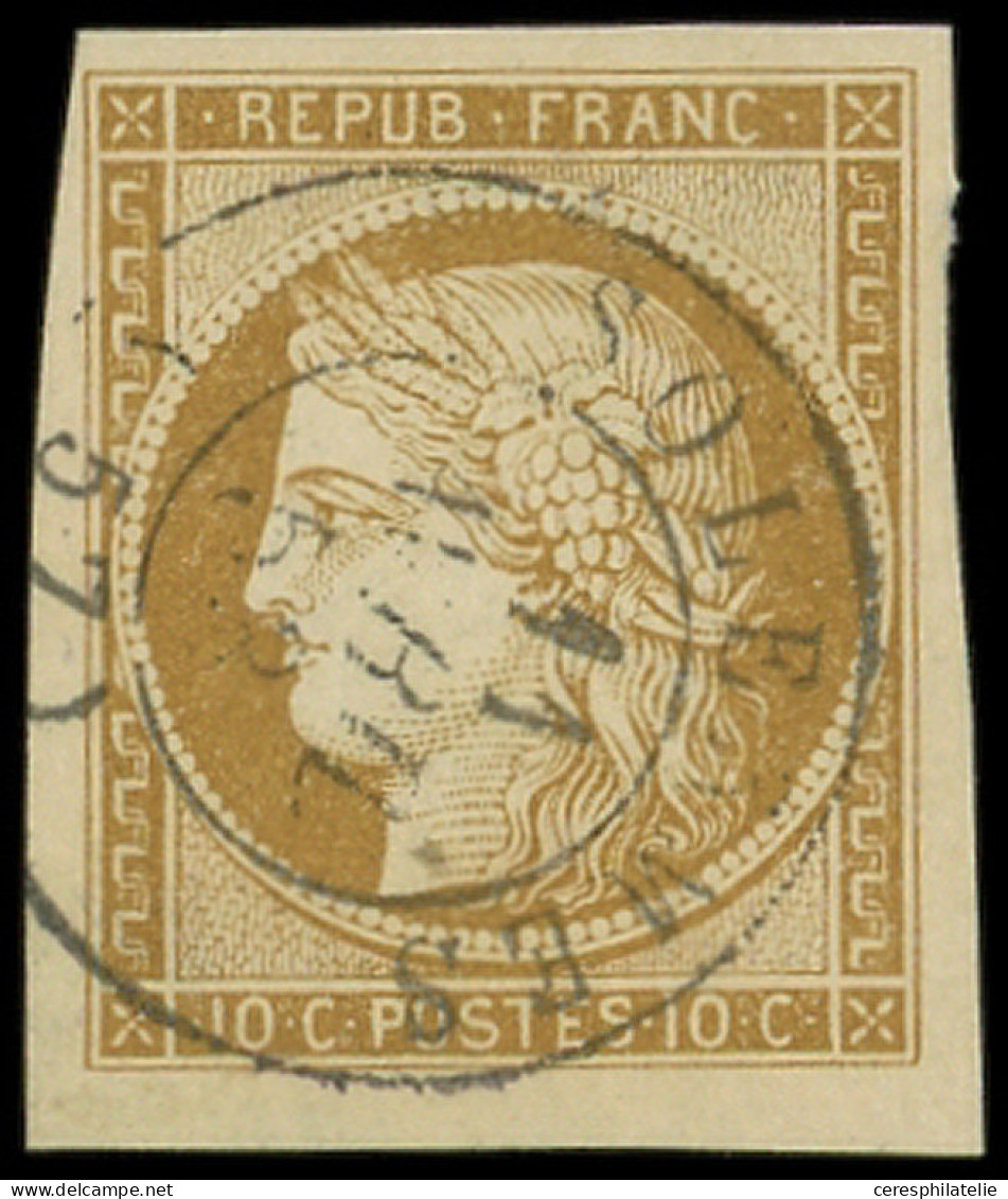 EMISSION DE 1849 - 1    10c. Bistre-jaune, Obl. Càd T15 SOLESMES 11/3/52, Grandes Marges, Superbe, Certif. Scheller - 1849-1850 Ceres