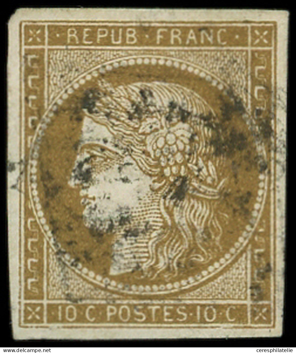 EMISSION DE 1849 - 1c   10c. Bistre-VERDATRE FONCE, Obl. GRILLE, Frappe Trouble, TB. Br - 1849-1850 Ceres